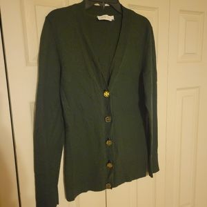 Tory Burch dark green long sleeve button up sweater